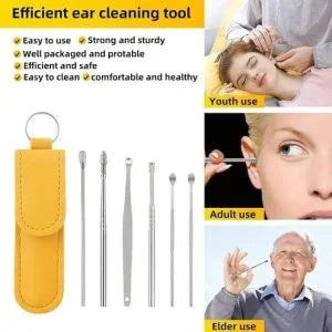 Vezano 6-piece ear cleaning kit with stainless steel tools and a yellow portable carrying case.