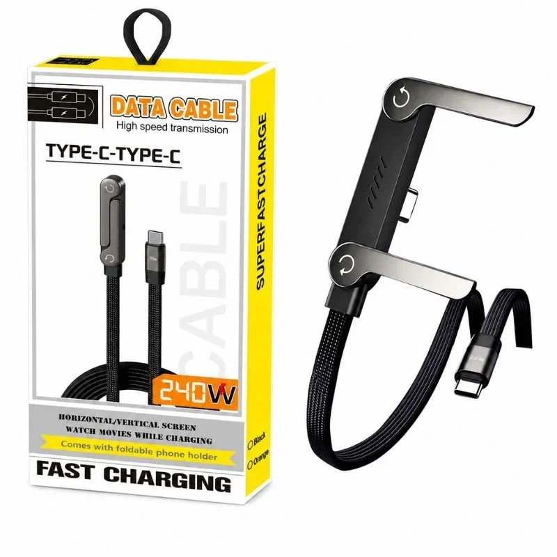 2-in-1 240W Fast Charging Cable with Foldable Phone Stand | USB-C Braided Cable