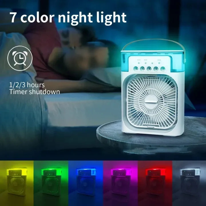 Vezano desktop air cooler with mist and 7-color LED night light on a bedside table.