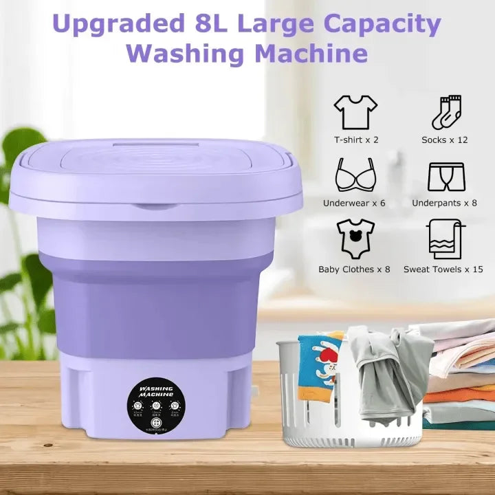 Vezano upgraded 8L large capacity portable washing machine in purple for travel and home use.