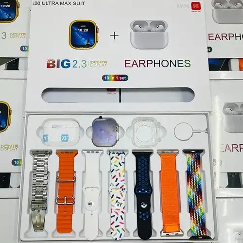 I20 Ultra Max Smartwatch 10-in-1 Combo – 2.3" Large Display, 7 Straps & AirPods