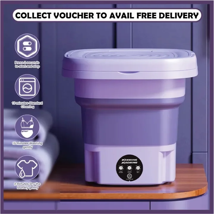 Vezano portable washing machine in purple for travel and home use on a wooden surface.