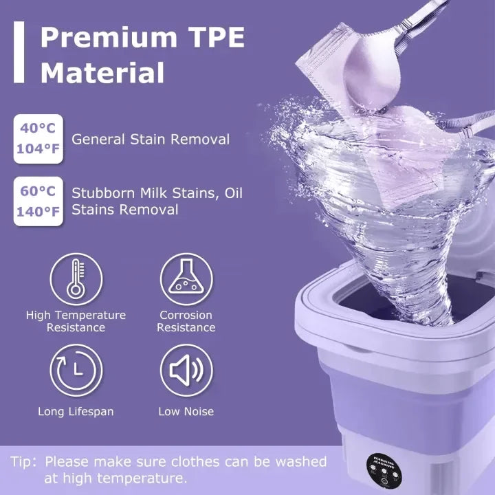 Vezano portable washing machine highlighting premium TPE material and high temperature resistance.
