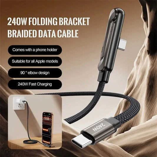 2-in-1 240W Fast Charging Cable with Foldable Phone Stand | USB-C Braided Cable